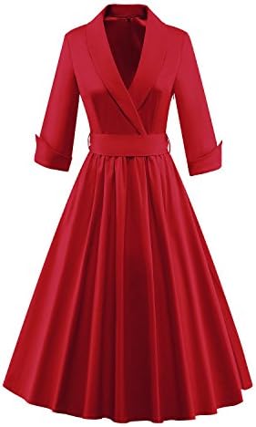 Tecrio Women Vintage Classy 1/2 Sleeve Rockabilly Solid Trench Coat Spring Dress XXXL Red