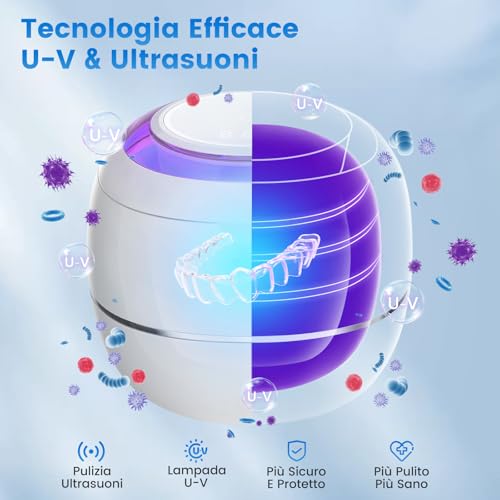 SEANCHEER Ultrasonic Cleaner 48000Hz Ultrasonic Cleaner | 180 ml | UV Lamp Dental Pod for | Bite Bruxism Night | Dental Implants | Teeth Appliance | Retainer | Aligners | (White)