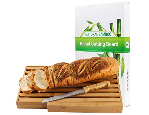 BAMBOO LAND Large Bamboo bread cutting board with large bread knife, and crumb catcher/tray to cut homemade bread, loaf cake and bagel/ Full bread cutting set, best present & Gift for housewarming
