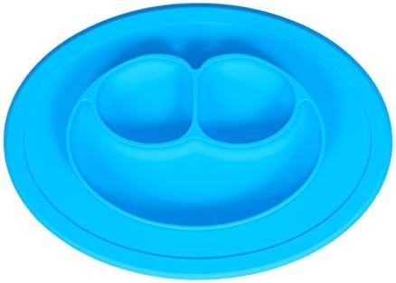 Lokatto Silicone Toddler Plate Placemat Smiley Face Non Slip With Built in Plate and Bowl - Highchair Feeding Dining Tray - Round Suction Mat Best for Kids, Children, Toddler (Blue)