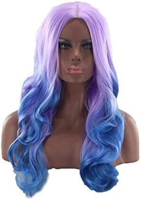 AYQ Lace Front Wig, Women's Purple to Blue Synthetic Long Wave Wig Heat Safe Ombre Wig Two Tone Middle Part Wig High Density