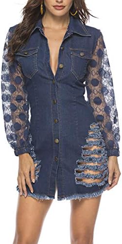 Hotheart Women's Long Sleeve Lapel Button Ripped Distressed Holes Bodycon Sexy Nightclub Party Denim Dress