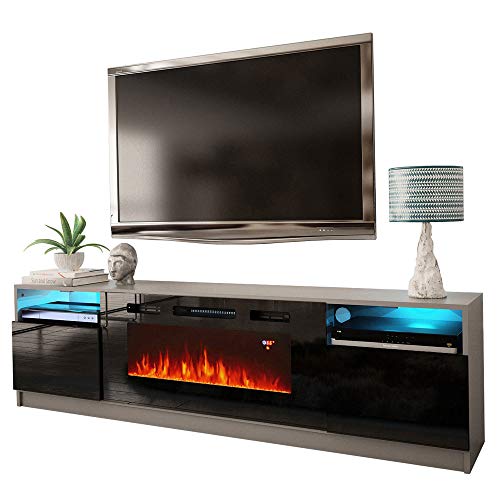 MEBLE FURNITURE & RUGS York 02 Electric Fireplace Modern 79" TV Stand (Gray/Black)