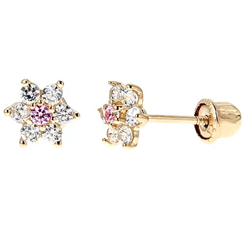 Children's 14k Yellow Gold Cubic Zirconia Baby Pink Flower Screw Back Stud Earrings 5mm
