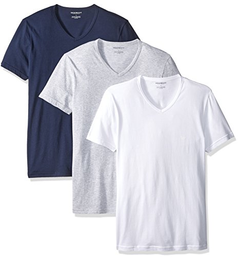 Emporio Armani Men's Cotton V-Neck Undershirts, 3-Pack, Grey/White/Navy, Medium