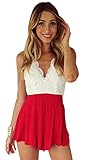 Moxeay Deep V Neck Playsuit Backless Chiffon Short Jumpsuit (S, Red)