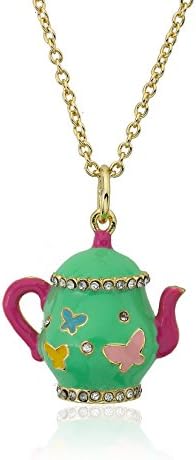Molly Glitz Tea for Two 14k Gold-Plated Crystal Trimmed Mint Green Tea Pot Pendant Necklace Accented With Multi Color Butterflies Brass 14"/2"