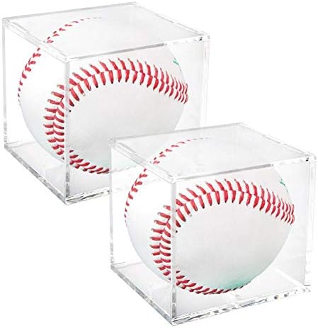 2 Pcs Baseball Display Case, UV Protected Baseball Display Cubes with Built In Stand, 3.2" Clear Transparent Acrylic Cube Box Baseball Showcase with No Base