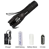 ON THE WAY® A100 High Powered Handheld XM-L T6 Led Flashlight Light Torch Lamp, Rechargeable 18650 Battery and Charger Included, Portable LED Tactical Flashlight with Adjustable Focus and 5 Light Modes, Tac Light For Camping Hiking Hunting