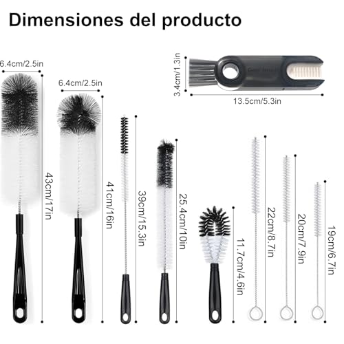 9 Piezas Cepillos de Limpieza para Botellas, Cepillo para Lavar Botellas Multifunción con Orificio para Colgar, Cepillo de Tubo de Pajitas de Nylon para Botella, Biberones, Termos,Tarros,Tapones-Negro
