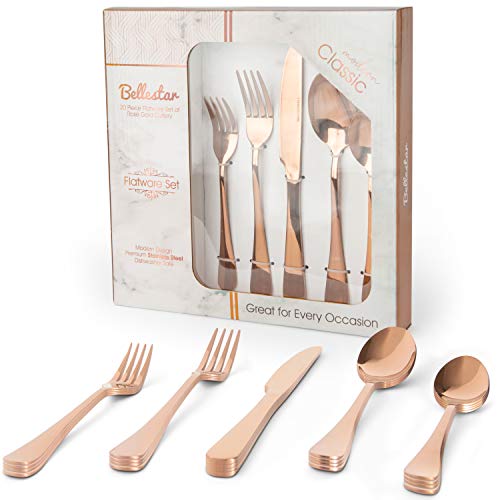 Rose Gold Silverware Set 20 Piece Dinnerware Set Service for 4 Stunning Modern Utensils that