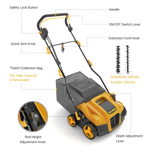 Rock&Rocker 16Inch 15 Amp Electric Dethatcher Scarifier, 5Position