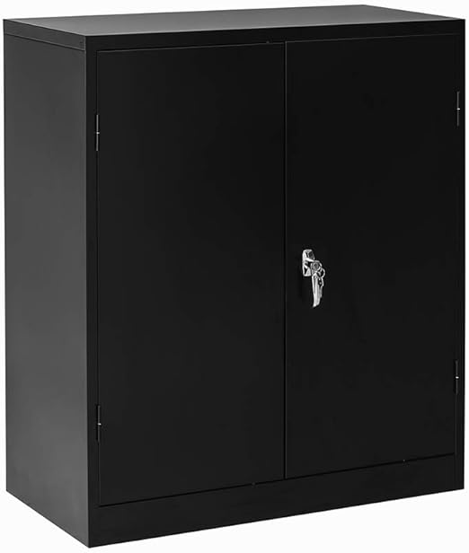 Amazon Com Steel Storage Cabinet Lockable Metal Storage Cabinets With 2 Adjustable Shelves Counter Height Cabinet Jumbo Storage Cabinet For Office Or Home Black Kitchen Dining