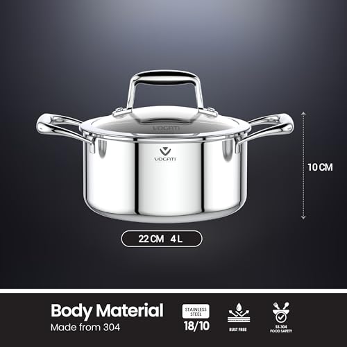 VOGATI CASSEROLE 22CM TRY-PLY STAINLESS STEEL (4 LITRES) WITH GLASS LID -WELDED HANDLE-INDUCTION COMPATIBLE COVERED STOCKPOT-SOUP POTS- (100% PFOA FREE) (4 Litres)