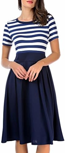 AAMILIFE Women's Stripe Scoop Neck Short 3/4 Long Sleeve Casual Swing Modest Dresses