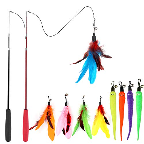 Cat Feather Toy, Retractable Cat Toys Wand 2 Wands & 9 Assorted Teaser Refills, Interactive Feather Teaser Wand Toy Bell Kitten Cat Having Fun Exerciser Playing