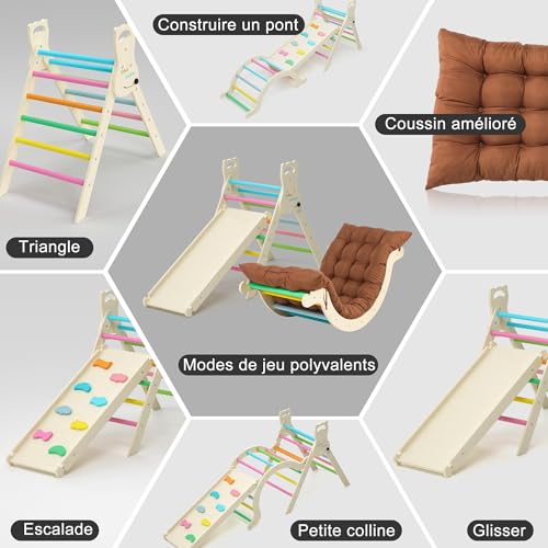 Yrthe Voitom Children's Climbing Ark Montessori Baby, 7 in 1 Wooden Climbing Triangle with Arch, Slide Ladder Cushion Slide, Baby Motor Skills for Toddlers 1 Years+ (Colour)