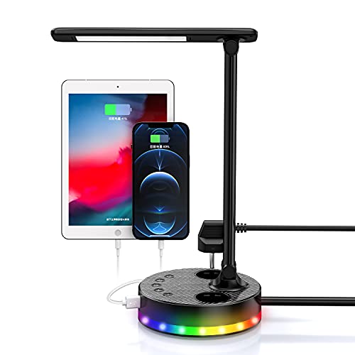 Lampe de Bureau LED, Lampe de Table avec 4 USB 2 Prises, Dimmable 4 Niveaux pour Lecture/Travail, Flexible Contrôle Tactile Lampe de Lecture Protection des Yeux (Noir)