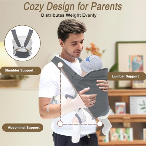Grey Baby Carrier, Ergonomic Newborn Carrier Wrap with Hip Seat Storage Pocket, Soft Lightweight Adjustable Size Enhanced Lumbar Support Front Facing Back Sling for Toddler 3-36 Months All Seasons
