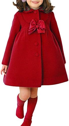 MowMee Fashion Little Girls Winter Warm Wool Bowknot Trench Coat Red 6-7T
