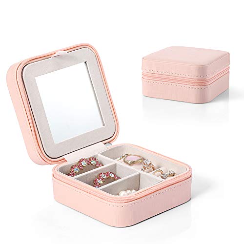 Vlando Small Travel Jewelry Box Organizer - Display Case for Girls Women Gift Rings Earrings Necklaces Storage with Mirror(Pink)