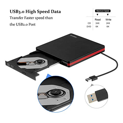 Rioddas External CD Drive USB 3.0 Portable CD DVD +/-RW Drive Slim DVD/CD ROM Rewriter Burner Writer Compatible with Laptop Desktop PC Windows Linux OS Apple Mac (Black-usb3.0)