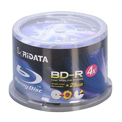 50 Pack Ridata 4X BD-R BDR 25GB Single Layer Blue Blu-ray White Inkjet Hub Printable Recordable Blank Media Disc with Spindle Packing