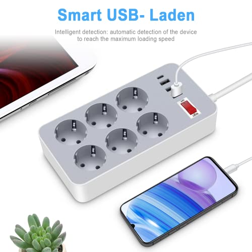 Multiprise, 4 Ports USB (3 USB A + 1 USB C) et 6 Prises de Courant avec Protection Contre Les surtensions Prise de câble d\'extension de Charge pour différents modèles - Câble de 1,2 m - Gris