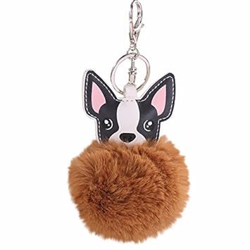 Voberry 8CM Cute Dog Keychain Pendant Women Key Ring Holder Pompoms Key Chains (Coffe)