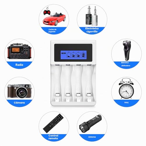 BONAI LCD Charger AA AAA Ni-MH Rechargeable Batteries, 4 Independent Slots, Universal Battery Charger with LCD Display (USB Port)