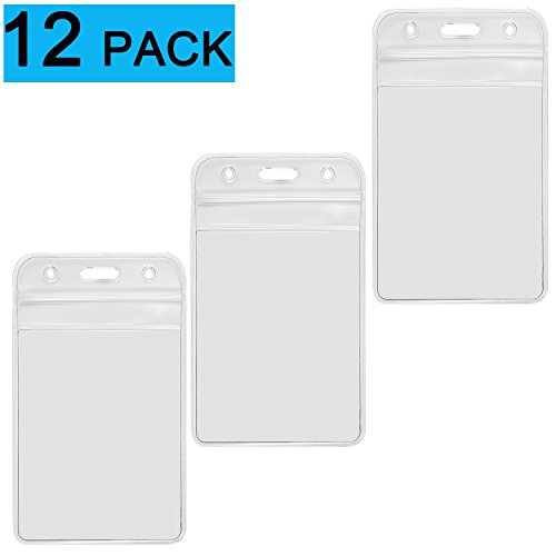 12 Pack ID Badge Holders Vertical Name Tags Hole Punched Zipper Waterproof Resealable Clear Plastic Labels Credit Card Holder for Employees Heavy Duty Pair(12 Pack-Vertical)