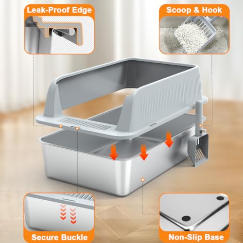 Vivifying Stainless Steel Cat Litter Tray, XL Stainless Steel Cat Litter Box Easy to Clean and Odour-Resistant with Scoop for Cats up to 8.2kg (Light Grey)