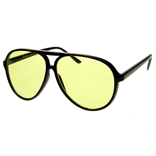 zeroUV - Retro 80s Vintage Blue Blocking XL Large Plastic Aviator Sunglasses (Night Driving | Black / Yellow)