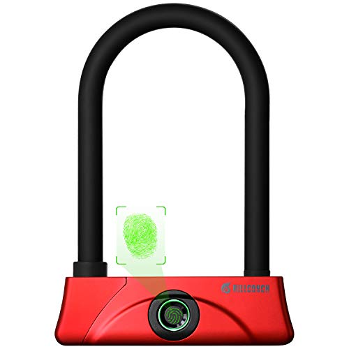 BILLCONCH Fingerprint U Bike Lock,Waterproof Bike U-Lock with Cable, Duty U-Lock for Road Bike Mountain Bike Electric Bike Folding Bike, USB Charging (Red)