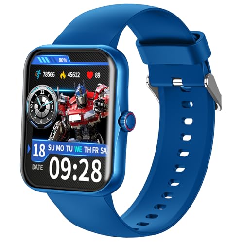 Transformers Reloj Inteligente Niños Hombre Mujeres, 1.83'' HD IP68, Llamadas-Bluetooth, con el Asistente de Voz, Monitoreo de Salud Calorías Sueño Podómetro, Música Notificaciones de Mensajes, Azul