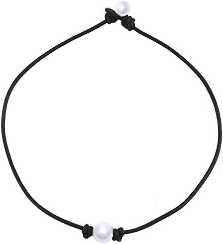 Single Cultured Freshwater Pearl Leather Choker Necklace on Genuine Black Leather Cord for Women Gift Handmade