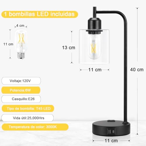 Lámpara de Mesa y Buró táctil, Lámparas de Mesa con 2 Puertos USB (A+C) y 1 Salidas de CA, 3 Niveles de Brillo, Lámpara de Escritorio para Dormitorio (bombilla incluida) (1 piezas)