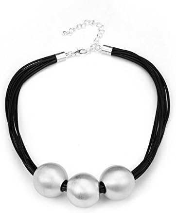 Multiple Layers Black PU Leather Rope Polishing 3 Balls Bib Necklace for Women