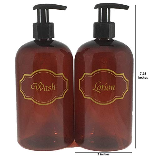 Bottiful Home- 16 oz Refillable Empty Amber PET Plastic Bathroom Soap and Lotion Dispenser Pump Bottle Set-Gold Printed-Black Pumps-Fully Waterproof, Rust-Free, Clog-Free, Drip-Free