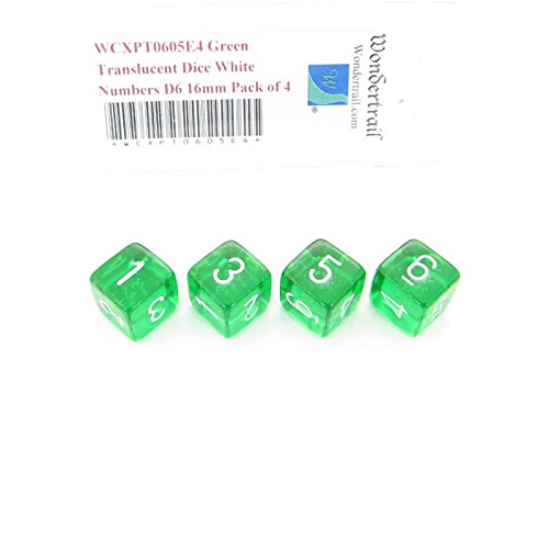 Green Translucent Dice with White Numbers D6 Aprox 16mm (5/8in) Pack of 4 Wondertrail