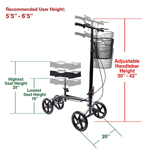 Clevr Foldable Knee Walker Scooter for Foot Injuries or Surgery, Adjustable with Dual Brake System & Basket, Medical Steerable Crutch Alternative, Silver - Thumbnail 4
