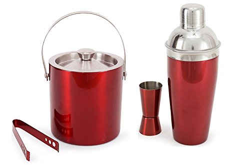 King International 100% Stainless Steel Red Bar Set | Bar Tools | Bar Accessories Set of 4 Pieces | Cocktail Shaker | Ice Bucket | Ice Tong | Peg Measure - Ideal for Party Get Together and Gifting