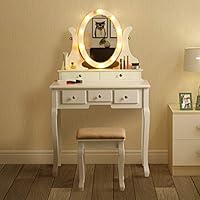 MAISMODA Vanity Table 10 LED Lights, 5 Drawers Makeup Dressing Desk with Cushioned Stool Set, White