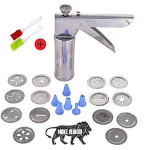 Hetarmi Stainless Steel Cookie Press, Farsan Sev Maker Includes 15 Cookie Disc Shapes Jali 6-Nozzle