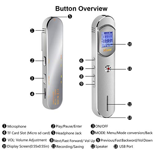 8GB Digital Voice Recorder Voice Activated Recorder - 1536kbps Mini Audio Recorder Recording Device MP3 Player for Lectures/Meetings - Supports TF Card, Password, USB Charge - Silver
