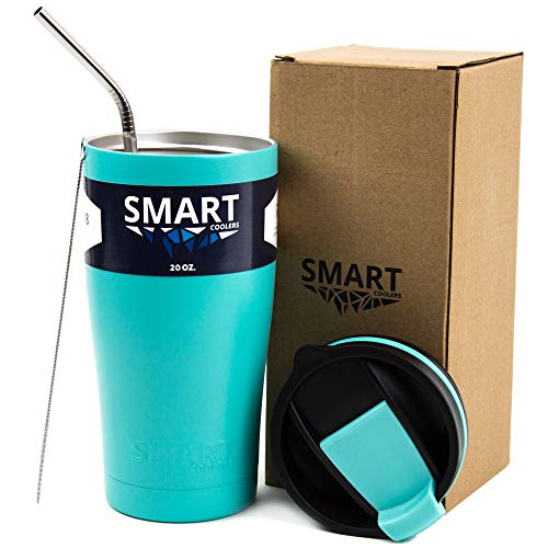 Tumbler 20 oz 100% Leak-Proof - Smart Coolers - Ultra-Tough Double Wall Stainless Steel Premium Insulated Travel Cup - Keep Coffee and Ice Tea + Screw Lid + Straw + Gift Box, Teal