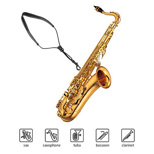 Rinastore Saxophone Strap Genuine Leather Sax Neck Strap with Soft Thick Pad for Soprano Tenor Alto Sax and Clarinets Oboes