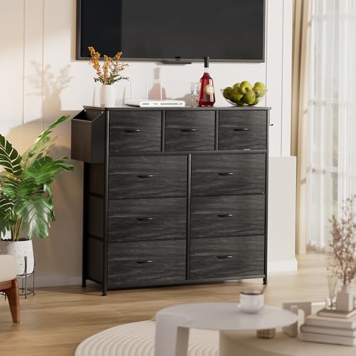 PURFINO Fabric Chest of Drawers - Dresser Canvas Organizer with 9 Large Drawers, Label Cards, Side Pocket and Hook, for Living Room, Hallway, Bedroom