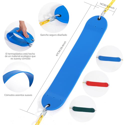 SEXYBIRDS Juego de 3 Asientos de Columpio Resistentes, Juego de Columpios para Jardin, Columpio al Aire Libre con Cadenas revestidas de plástico y mosquetón, Soporte de 440 Libras (Verde, Azul, Rojo)