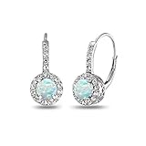 Sterling Silver Simulated White Opal & White Topaz Round Dainty Halo Leverback Earrings